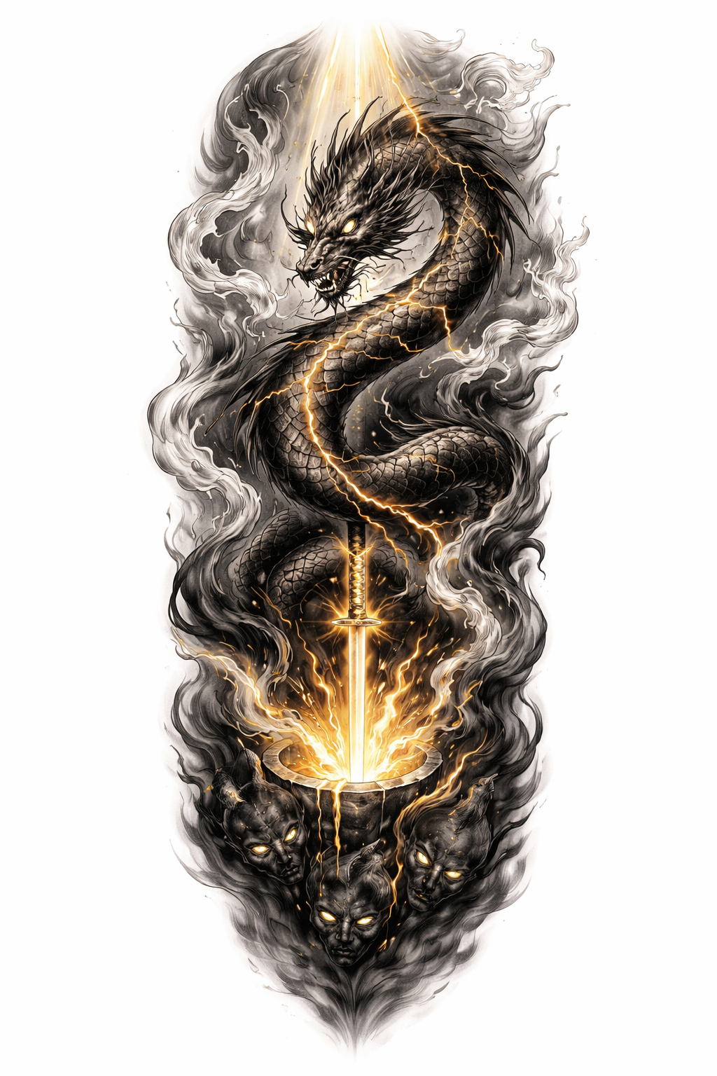 A Japanese-inspired semi-realism black and grey leg sleeve of a dragon emerging from smoke and fire with kintsugi gold scars, light from above, embers, a sword in flames and demonic faces below.