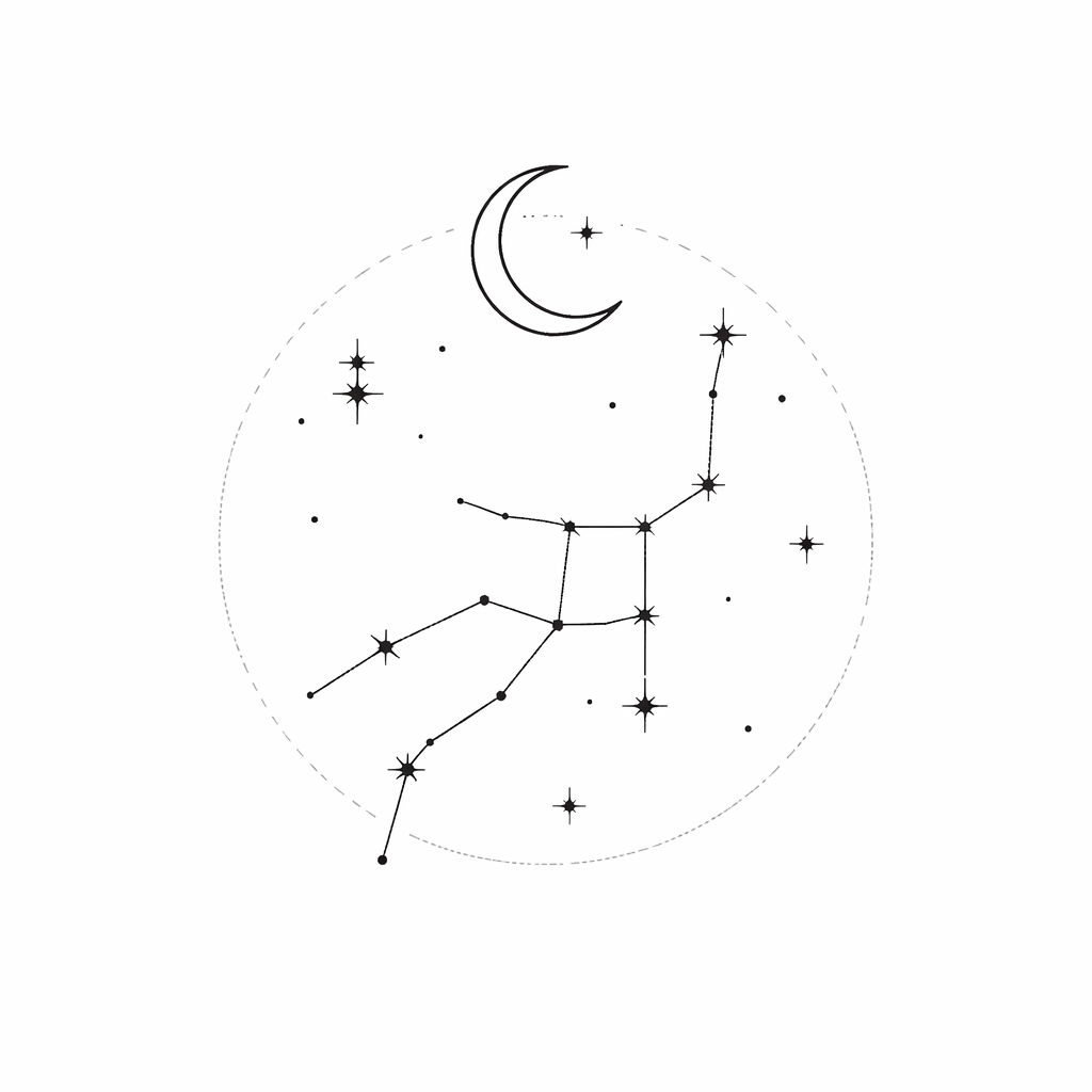 Minimalist single-line moon, scattered stars and the Virgo constellation arranged into a peaceful night-themed tattoo
