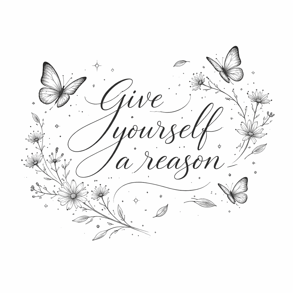 Frase en caligrafía a mano «date una razón» rodeada de delicadas mariposas y pequeñas flores en contorno negro con suaves toques de color