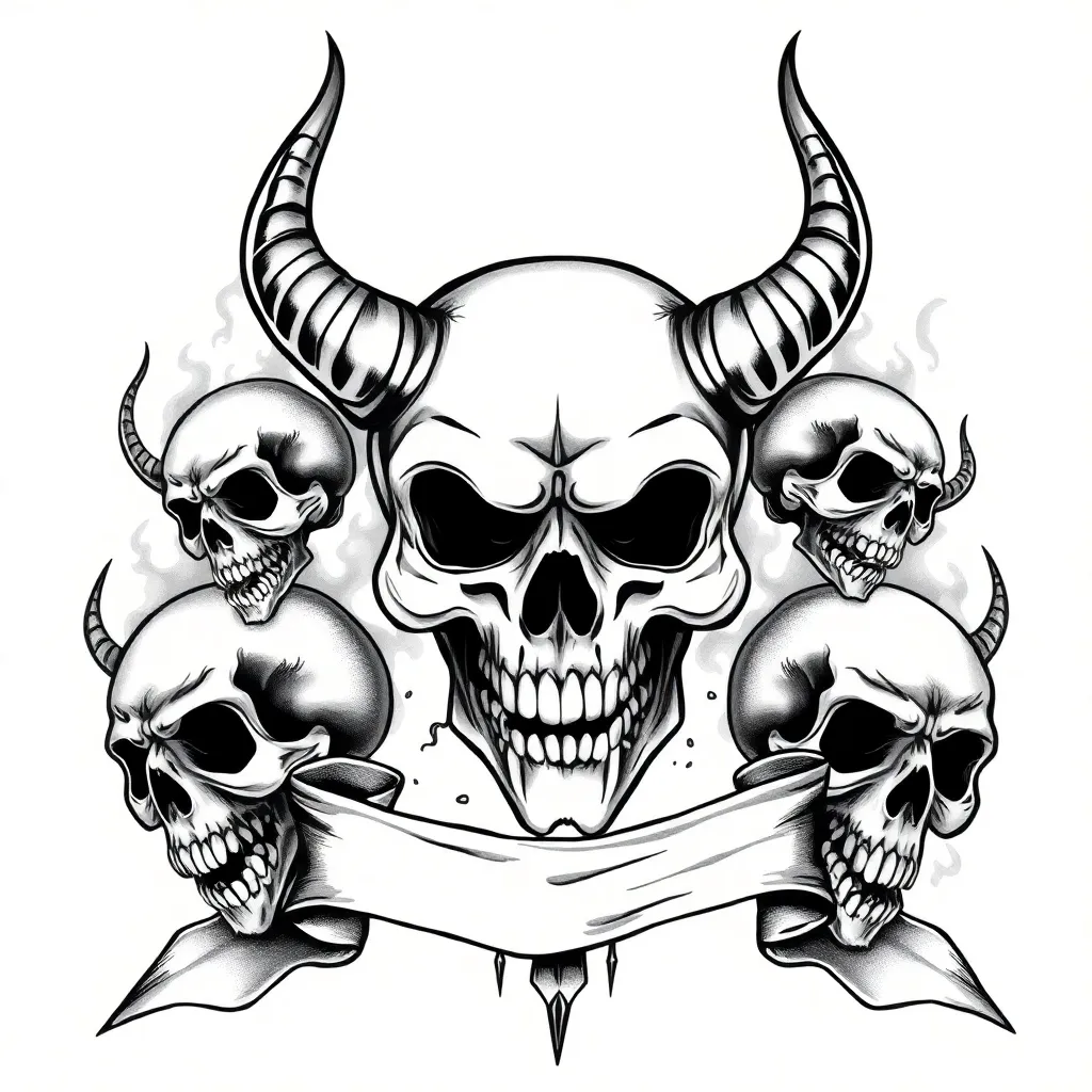 Una composición de trash polka con calaveras oscuras, rostros macabros y motivos demoníacos, con pinceladas rojas caóticas y símbolos anárquicos