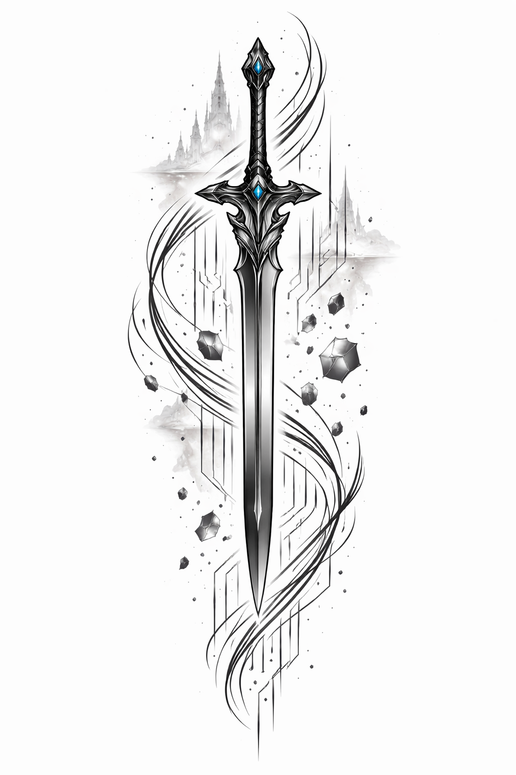 Full-sleeve anime-style composition inspired by Sword Art Online featuring crossed swords, virtual HUD motifs, and dynamic character silhouettes in vibrant colors