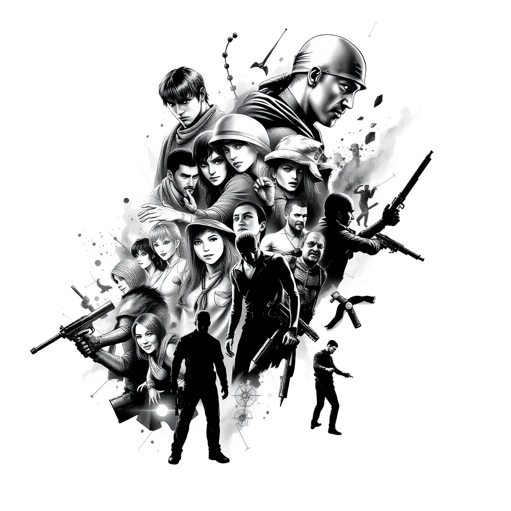 A full right-arm illustrative sleeve of Resident Evil 1–3 characters and iconic horror imagery in dark, detailed compositions with selective red accents